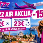 WIZZ AIR AKCIJA -15% ✈ Karte od 12€ po smjeru, povratni letovi od 23€ iz 15 gradova regije