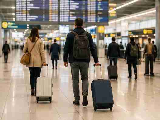 Putnici s koferima na aerodromu prije leta