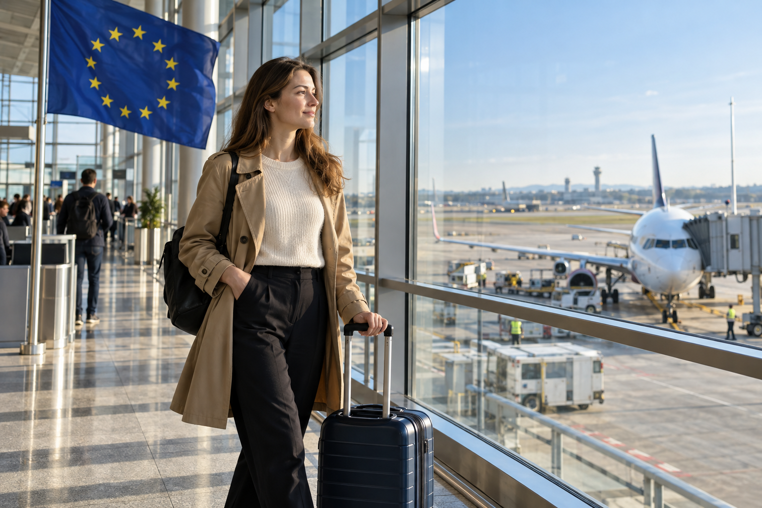 Putnica s koferom u europskoj zračnoj luci uz avion i zastavu EU-a.