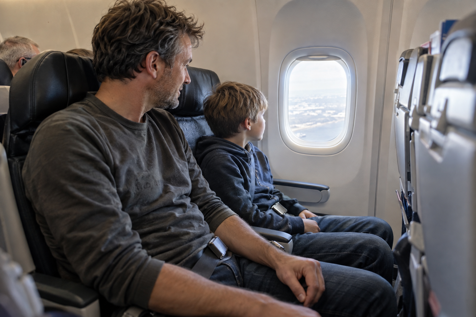 Otac i sin na susjednim sjedalima u avionu.