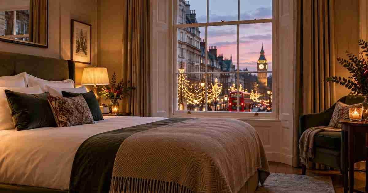 Hotelska soba u Londonu s pogledom na blagdanski osvijetljene ulice