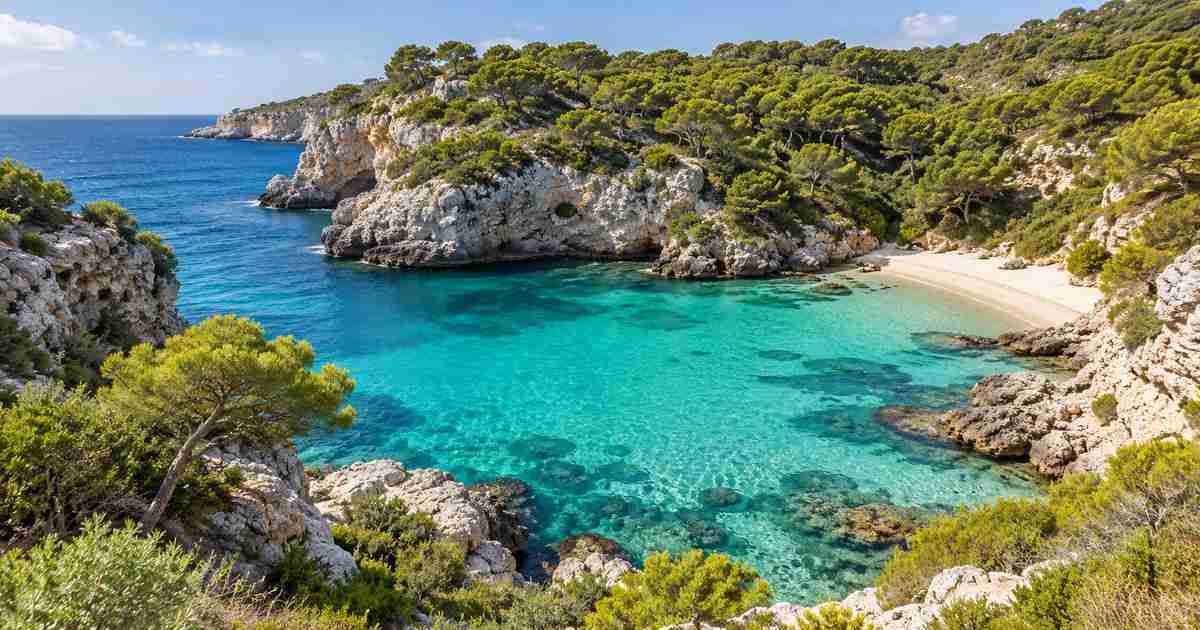 AI ilustracija uvale Mallorce s borovima i bistrom vodom