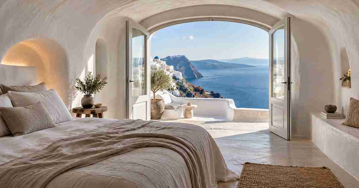 Ilustracija hotelske sobe na Santoriniju s pogledom na kalderu