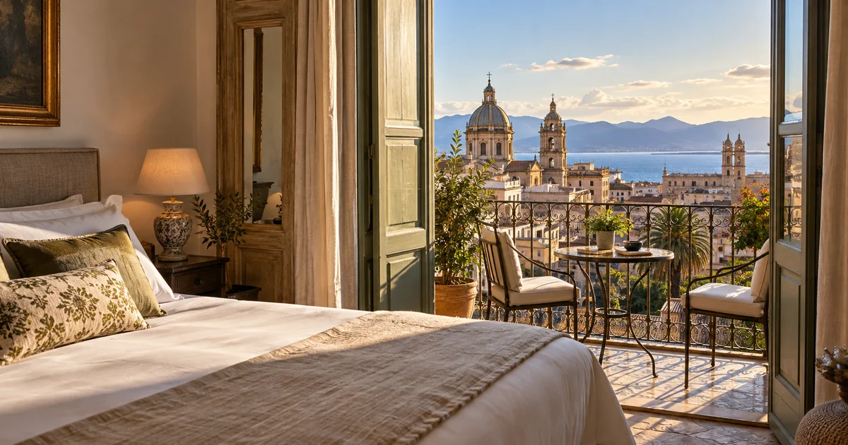 Ilustracija hotelskog smještaja na Siciliji s pogledom na Palermo
